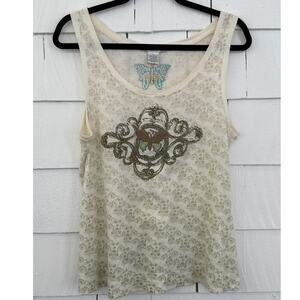 CAbi Womens Large #533 Embroidered Beaded Floral Print Butterfly Tank Top Flawed